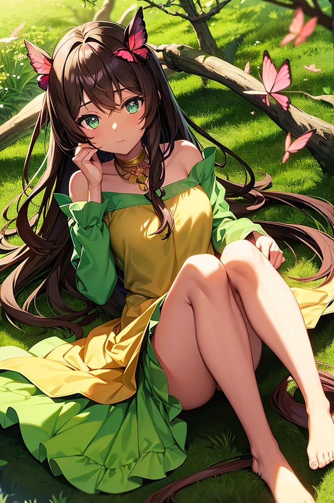 anime panel, Woman, Spirit of the Earth, darkskin, long brown hair, bright light green eyes, leaf clothes, barefoot with just flowers wrapped around her leg, floral bow on head, magical forest background with butterflies.