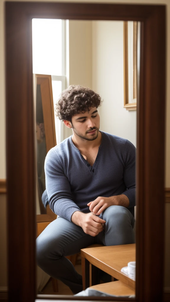 Extreemly handsome man sitting by a mirror, morning time,masterpiece,focuse on man,bookeh,black hair,(slightly curly hair 0.6)
