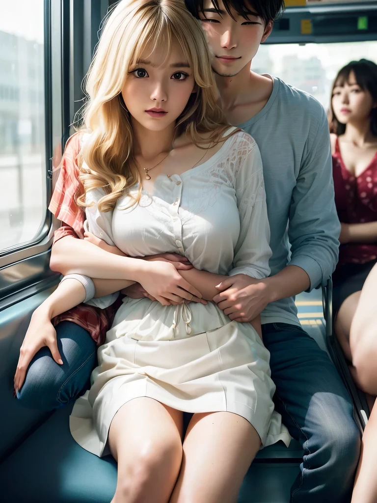 A woman in underwear, showing her cleavage, and a topless Japanese man wearing only shorts are sitting on a bus, embracing each other., A man resembling Masaharu Fukuyama stares at a woman with wide eyes and fondles her breasts、Man rubbing woman's breasts from behind、The man&#39;s hands are on the woman&#39;s chest、Korean Girls, beautiful south Korean women, gorgeous young Korean women, beautiful young Korean women, Beautiful blonde girl, Blonde Goddess, Japanese Model, Korean women, korean female fashion model, Japanese Goddess, Attractive pose, Cute and elegant pose、The man is a Japanese man in his 40s with short hair, bare chested and wearing a swimsuit.、