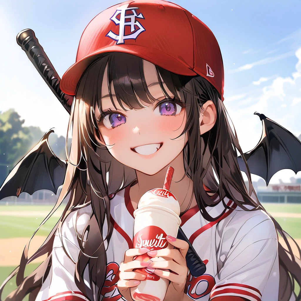 Holding the bat, girl, , smile, , Baseball uniform、Yakult Swallows、Background School grounds