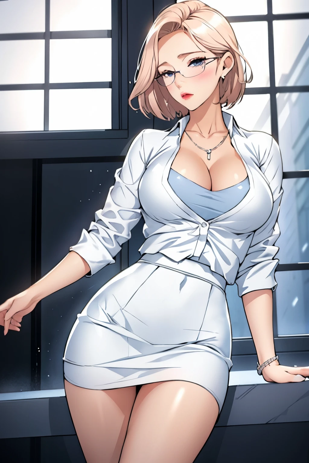 Female, short straight blonde hair, blue eyes, white suit jacket, white knife-cut skirt, long white high-heeled shoes, black necklace, no T-shirt, big breasts, wide hips, glasses, blushing, in front of the window