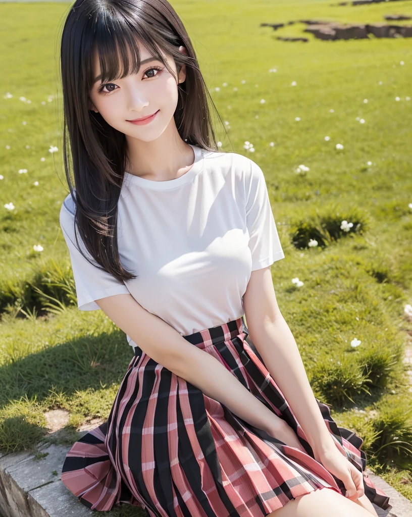 (Highest quality, 32k, High resolution, Masterpiece:1.5), marimo_jet, god々A photograph with brilliant dazzling and healing power., Evoking a sense of calm and elusive beauty, Expressing emotions, Have a rich imagination,Beautiful Japanese Girls, An exceptionally beautiful face, Small Face Beauty, Perfect Human Anatomy, Magical big eyes, Motherhood and generosity, Deep Love, fleeting smile, ((Shiny black hair:1.1)), Super Long Straight Silk Hair, Asymmetrical bangs, Hair between the eyes, Transparent, soft white skin, Sharp eyebrows, Thin lashes, Natural Makeup, Cheek highlighter, Pale pink detailed lips, ((Plain white t-shirt:1.2)), ((Red and black checked pleated skirt:1.2)), High resolutionの完璧な鎖骨, High resolutionの美しい胸元, Slim figure with ample breasts, High resolutionの美しい太もも, Beautiful legs, ((On the hill in spring:1.3)), ((A rural landscape below the hills:1.4)), Sitting on a green meadow, ((Absolute area:1.6)), Dazzling sunlight, blue sky, White cloud, Professional Lighting, Professional photographer, Professional models, god秘的