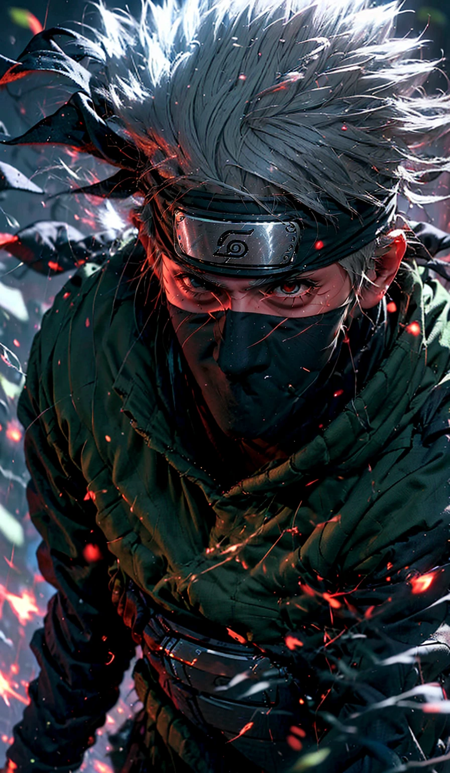 score_9, score_8_up,source_anime, 1boy, kakashi, grey hair, covered mouth, mouth mask, red eye, scar across eye, forehead protector, gloves, 1 konoha leaf symbol head band, mature, green vest, pants,solo, looking at viewer, angry, standing, cowboy shot, outdoors, forest, anime screencap, anime coloring,kakashi hatake(dramatic, gritty, intense:1.4),masterpiece, best quality, 8k, insane details, intricate details, hyperdetailed, hyper quality, high detail, ultra detailed, Masterpiece,(white hair:1.2), right eye is closed by mask, Kakashi Hatake in Naruto shippuden, holographic reality, motion blur, game light effect, full length shot, 3D artist, detailed, futuristic, lightning,