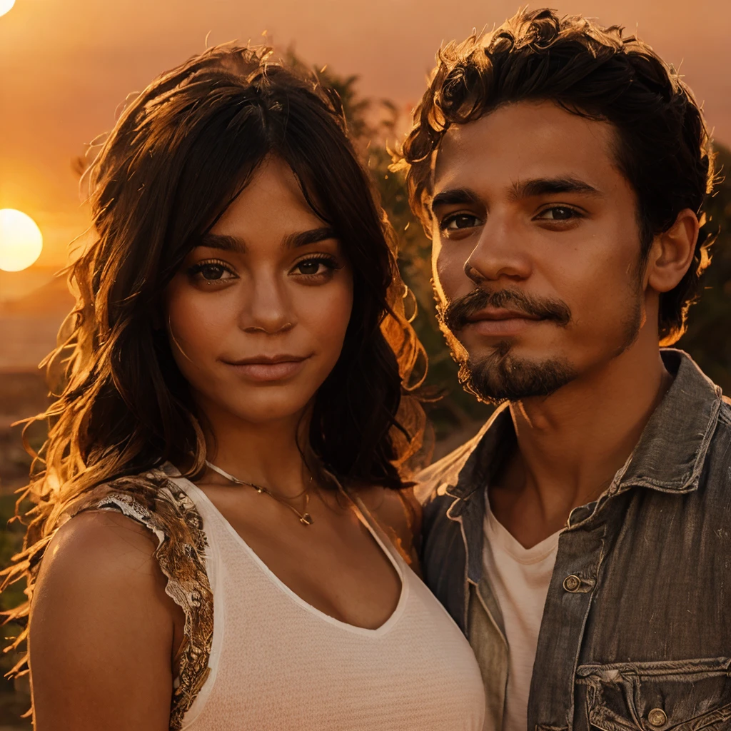 A couple, summer clothes, sunset background