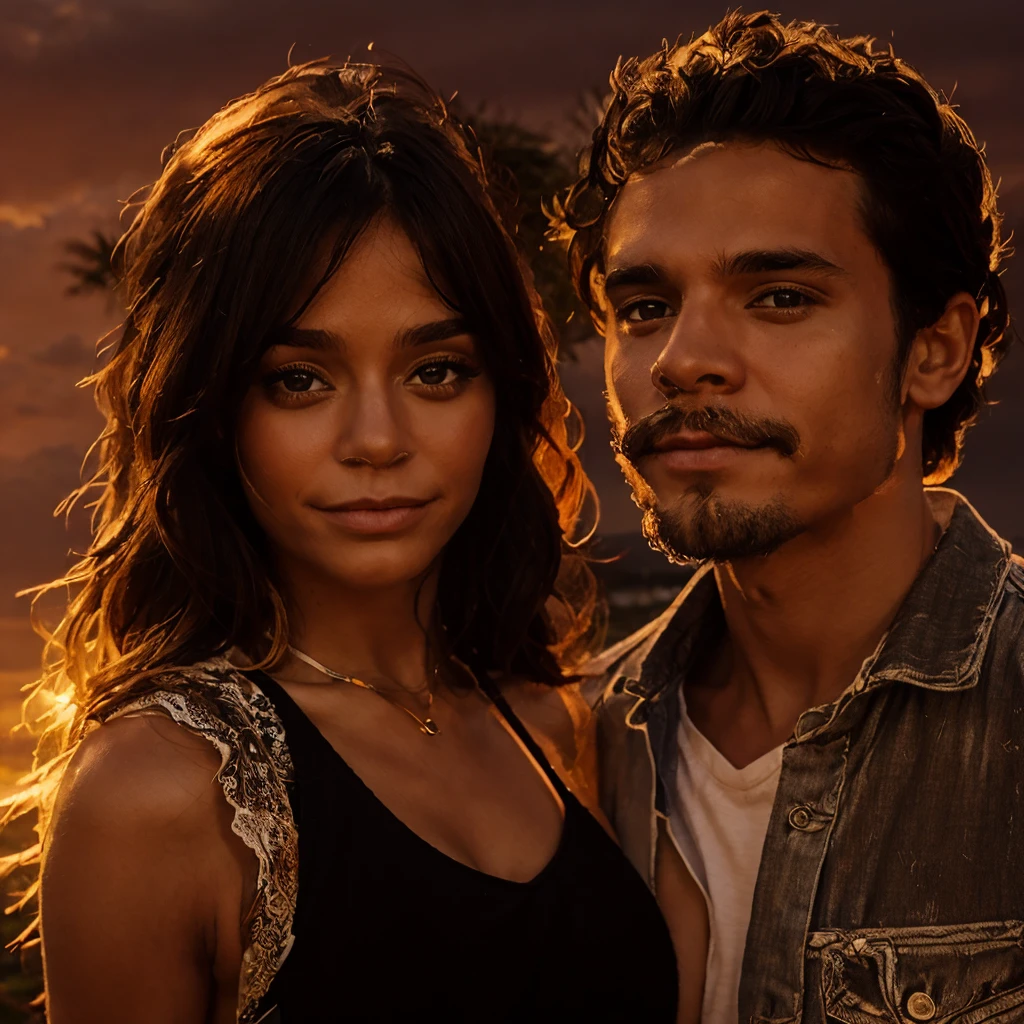 A couple, summer clothes, sunset background
