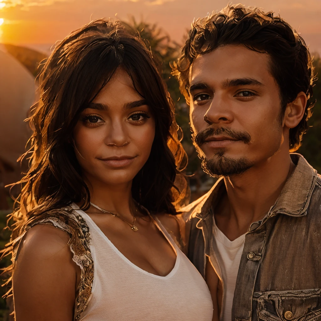 A couple, summer clothes, sunset background