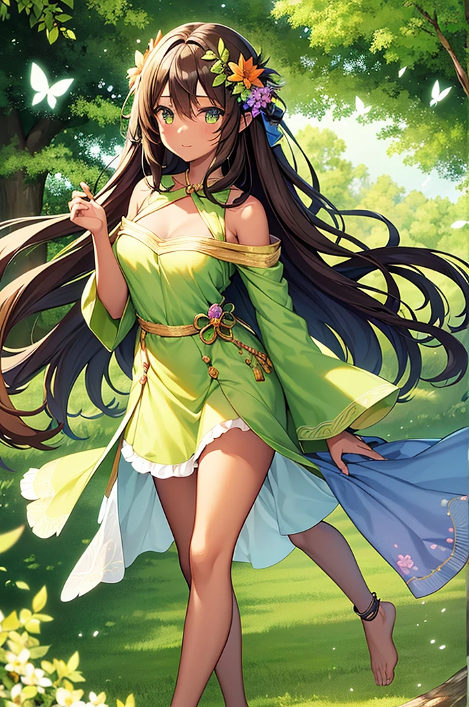 anime panel, Woman, Spirit of the Earth, darkskin, long brown hair, bright light green eyes, leaf clothes, barefoot with just flowers wrapped around her leg, floral bow on head, magical forest background with butterflies.