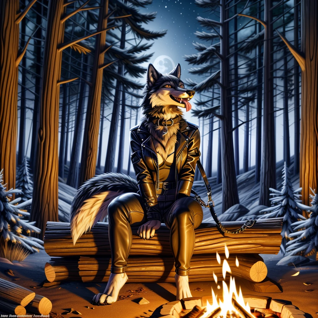Sitting in front of campfire on log, female, 30 years old, happy, mouth open with tongue hanging out, black leather jacket, anthro, wolf ears, (black fur:1.5), wolf, forest background, 8k, hi res, (best quality, masterpiece), (wolf tail:1.5), detailed fur, solo, looking at camera, night, leash, collar, breasts,