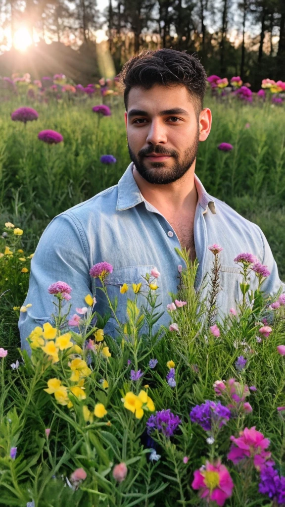 gorgeous male , , looking at viewer, in a meadow, flowers, black hair, manly, gorgeous lighting,nsfw,erection 