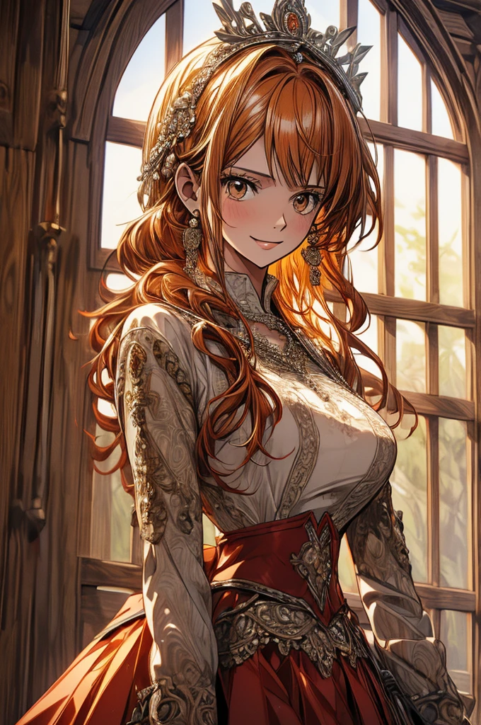 masterpiece, ((ultra detailed background, delicate pattern, intricate detail)), (highly detailed, fine details), best quality, beautiful lighting, ((big breasts, slim girl)), NamiFinal, ((white shirt, red skirt)), simple shirt, 1girl, orange hair, solo, long hair, jewelry, brown eyes, smile, earrings, covered shoulders, (complex detailed background, inside, room environment, wooden walls, window, light rays),