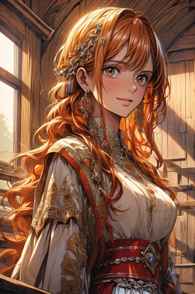 masterpiece, ((ultra detailed background, delicate pattern, intricate detail)), (highly detailed, fine details), best quality, beautiful lighting, ((big breasts, slim girl)), NamiFinal, ((white shirt, red skirt)), simple shirt, 1girl, orange hair, solo, long hair, jewelry, brown eyes, smile, earrings, covered shoulders, (complex detailed background, inside, room environment, wooden walls, window, light rays),