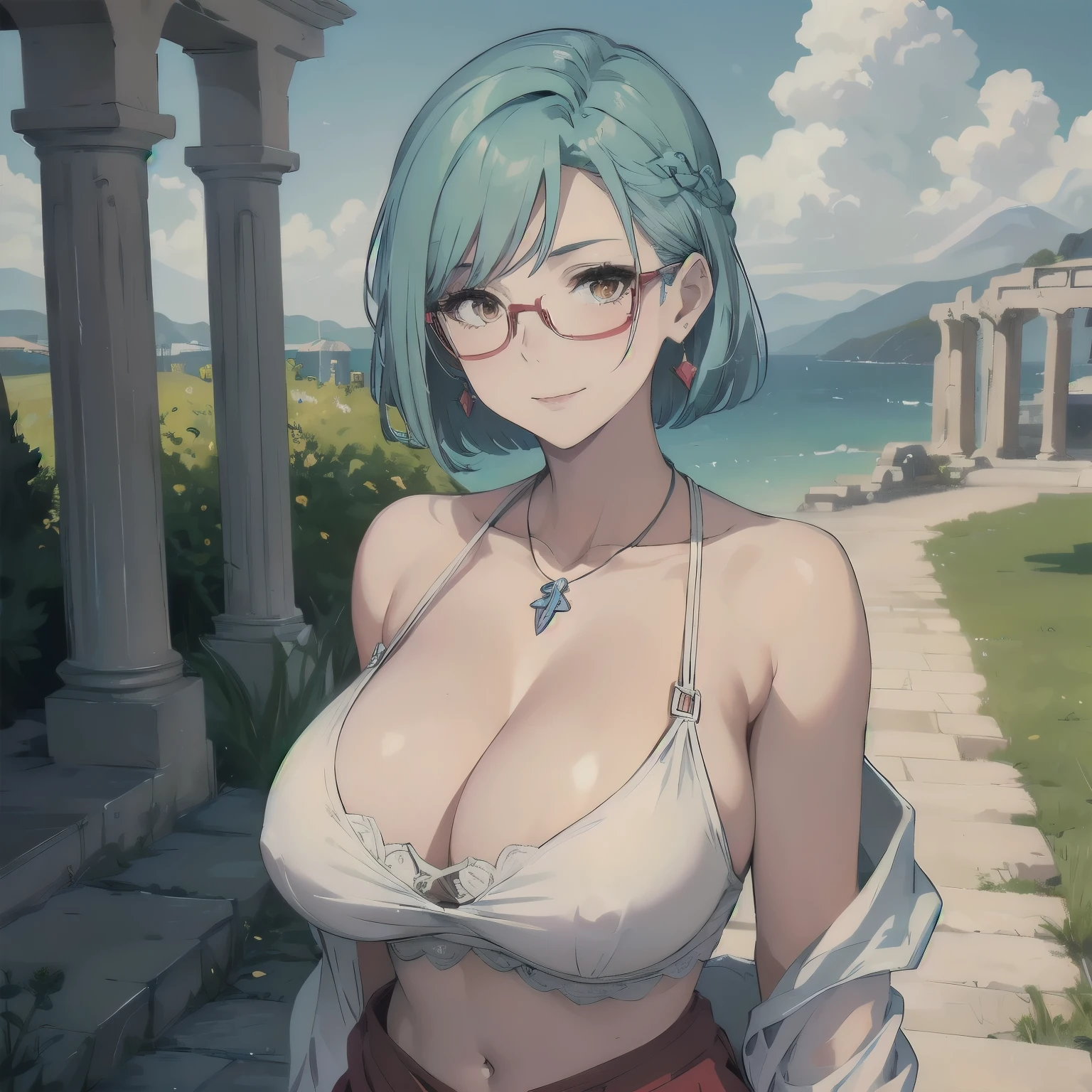 (masterpiece), 1girl, best quality, expressive eyes, perfect face, (huge breasts), short hair, orange eyes BREAK light blue hair BREAK (pale skin), side cut, red glasses BREAK ((mature woman, mature female)), (GILF), lipstick, (greek clothes), cleavage, standing, white dress, navel, jewerly, greek clothes, bare shoulders, necklace, earrings, cute smile, blush, closed_mouth, grass, ruins, landscape, outdoors, cloudy_sky, looking at viewer, facing viewer, smirk, closed mouth