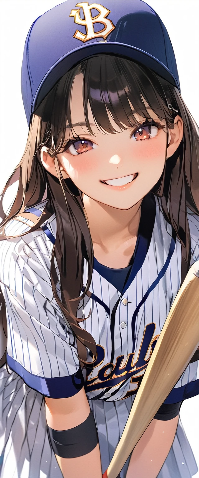 Holding the bat, girl, , smile, , Baseball uniform、Background School grounds