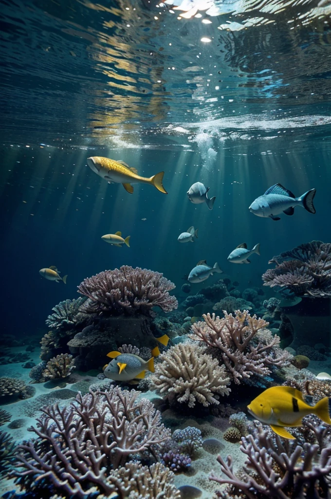 Imagine a vibrant and colorful underwater scenery of a coral reef in the Maldives. In the foreground, a large group of yellow fish with blue horizontal stripes swim in formation near an area of coral. The seabed is rich in detail, with several coral formations of various shapes and sizes, adding texture and complexity to the scene. The clarity of the water allows for a clear view of underwater life, with shades of blue that become more intense with depth. The image captures the beauty and diversity of the marine ecosystem, highlighting the harmony and movement of fish in a natural environment. The underwater environment emphasizing the vibrant colors and details of the coral reef. It highlights the variety and richness of the coral formations, highlighting how the different shapes and sizes contribute to the complexity of the scene. Fish and Movement focused on the group of yellow fish with blue stripes, describing their formation and coordinated movement. these fish integrate into the context of the coral reef. The clarity of the Water speaks of how it allows a clear view of underwater life. the shades of blue that become more intense with depth, adding a sense of depth to the scene. The Marine Ecosystem highlights the beauty and diversity of the marine ecosystem, the harmony between fish and their natural environment. captures the essence of underwater life, showing the interaction between different species and their habitat. the colors and shapes of the corals change with the movement and arrangement of the fish, the clarity of the water affects the overall vision of the scene - What emotions or looking at the image causes emotions of well-being and serenity