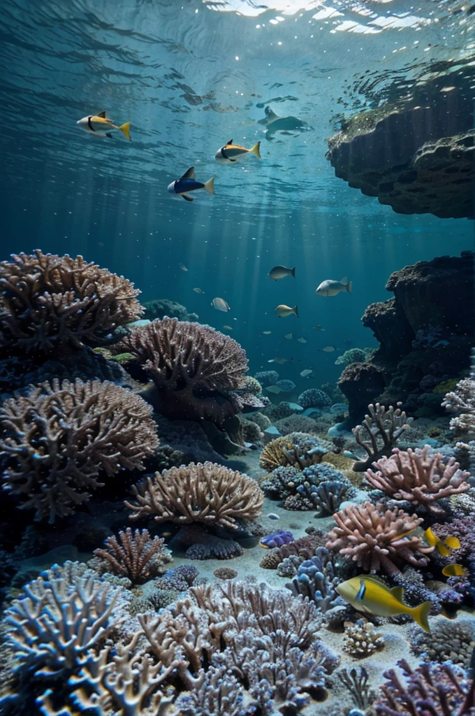 Imagine a vibrant and colorful underwater scenery of a coral reef in the Maldives. In the foreground, a large group of yellow fish with blue horizontal stripes swim in formation near an area of coral. The seabed is rich in detail, with several coral formations of various shapes and sizes, adding texture and complexity to the scene. The clarity of the water allows for a clear view of underwater life, with shades of blue that become more intense with depth. The image captures the beauty and diversity of the marine ecosystem, highlighting the harmony and movement of fish in a natural environment. The underwater environment emphasizing the vibrant colors and details of the coral reef. It highlights the variety and richness of the coral formations, highlighting how the different shapes and sizes contribute to the complexity of the scene. Fish and Movement focused on the group of yellow fish with blue stripes, describing their formation and coordinated movement. these fish integrate into the context of the coral reef. The clarity of the Water speaks of how it allows a clear view of underwater life. the shades of blue that become more intense with depth, adding a sense of depth to the scene. The Marine Ecosystem highlights the beauty and diversity of the marine ecosystem, the harmony between fish and their natural environment. captures the essence of underwater life, showing the interaction between different species and their habitat. the colors and shapes of the corals change with the movement and arrangement of the fish, the clarity of the water affects the overall vision of the scene - What emotions or looking at the image causes emotions of well-being and serenity