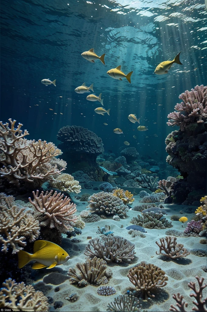 Imagine a vibrant and colorful underwater scenery of a coral reef in the Maldives. In the foreground, a large group of yellow fish with blue horizontal stripes swim in formation near an area of ​​coral. The seabed is rich in detail, with several coral formations of various shapes and sizes, adding texture and complexity to the scene. The clarity of the water allows for a clear view of underwater life, with shades of blue that become more intense with depth. The image captures the beauty and diversity of the marine ecosystem, highlighting the harmony and movement of fish in a natural environment. The underwater environment emphasizing the vibrant colors and details of the coral reef. It highlights the variety and richness of the coral formations, highlighting how the different shapes and sizes contribute to the complexity of the scene. Fish and Movement focused on the group of yellow fish with blue stripes, describing their formation and coordinated movement. these fish integrate into the context of the coral reef. The clarity of the Water speaks of how it allows a clear view of underwater life. the shades of blue that become more intense with depth, adding a sense of depth to the scene. The Marine Ecosystem highlights the beauty and diversity of the marine ecosystem, the harmony between fish and their natural environment. captures the essence of underwater life, showing the interaction between different species and their habitat. the colors and shapes of the corals change with the movement and arrangement of the fish, the clarity of the water affects the overall vision of the scene - What emotions or looking at the image causes emotions of well-being and serenity