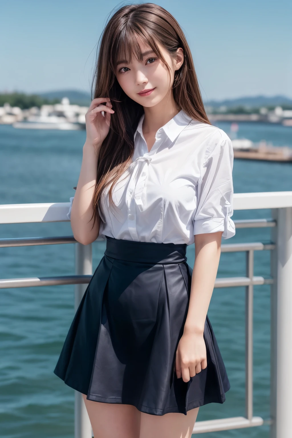 ultra highres,(reality: 1.4),highest quality, masterpiece, high detail, 16K quality, beautiful, 1 beautiful girl,japanese,super beautiful face,baby face,japanese idol face,cute face,super detailed face,detailed hand,beautiful skin,sweaty skin,big eyes,big smile,profeccional lighting,medium hair,brown hair,brown beautiful eyes,sitting with knee up,spread legs,(skirt lift),(white panty),medium breasts,see through white shirt,open button,(black check skirt),high socks,she is looking at the camera,beach,blue sky,blue ocean, nsfw,from front,