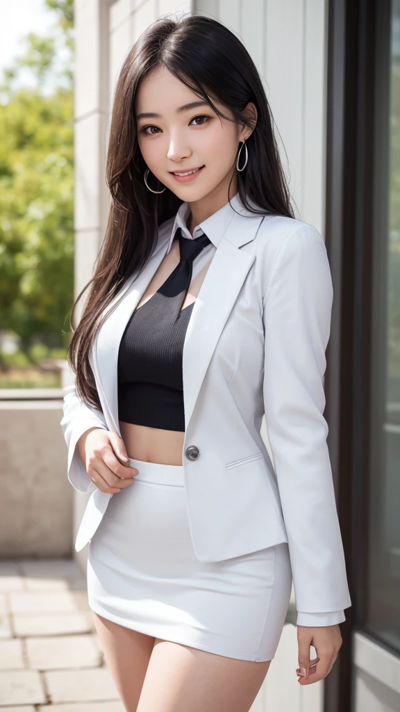 (masterpiece:1.2, top-quality), (realistic, photorealistic:1.4), beautiful illustration, (natural side lighting, movie lighting),
looking at viewer, cowboy shot, front view, 1 girl, japanese, high school girl, perfect face, cute and symmetrical face, shiny skin, babyface,
(long hair, straight hair, silver hair), hair between eyes, purple eyes, (middle breasts, seductive thighs, big ass), piercings,
beautiful hair, beautiful face, beautiful detailed eyes, beautiful clavicle, beautiful body, beautiful chest, beautiful thigh, beautiful legs, beautiful fingers,
((long sleeves, white collared shirt, black suit jacket, black pencil mini skirt), id card, strap, black high heels),
(beautiful scenery), evening, park, walking, (lovely smile, upper eyes), big tits, ((high resolution face)), plump