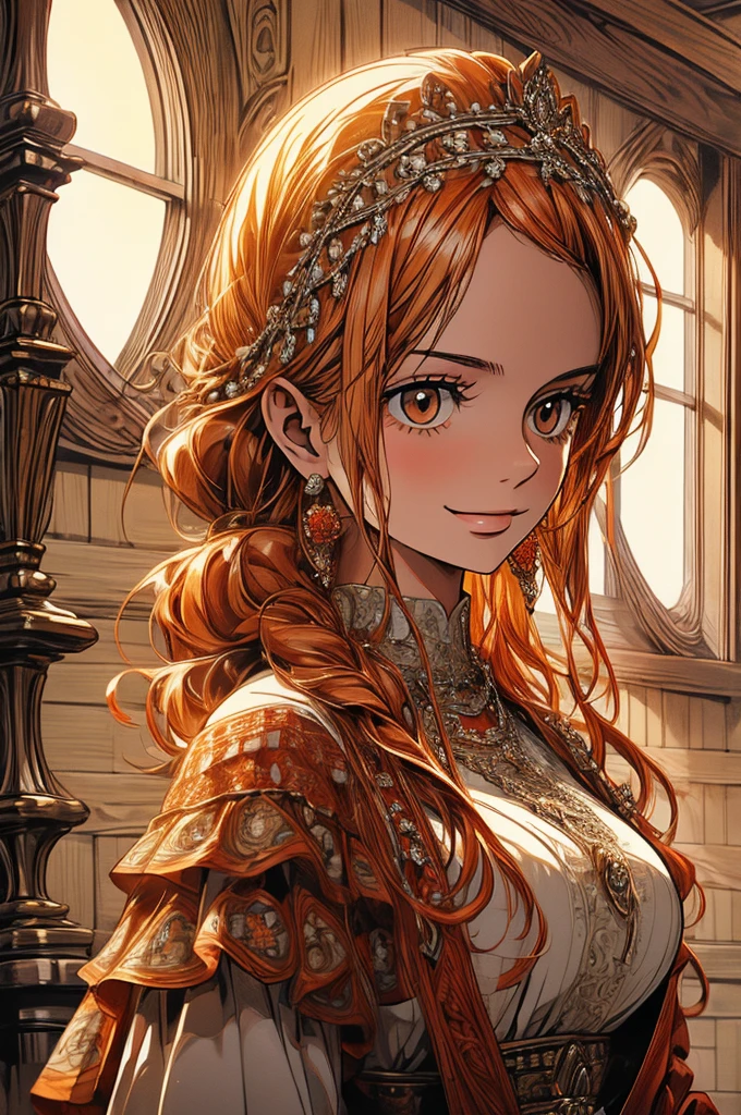 masterpiece, ((ultra detailed background, delicate pattern, intricate detail)), (highly detailed, fine details), best quality, beautiful lighting, ((big breasts, slim girl)), NamiFinal, ((white shirt, red skirt)), simple shirt, 1girl, orange hair, solo, long hair, jewelry, brown eyes, smile, earrings, covered shoulders, (complex detailed background, inside, room environment, wooden walls, window, light rays),