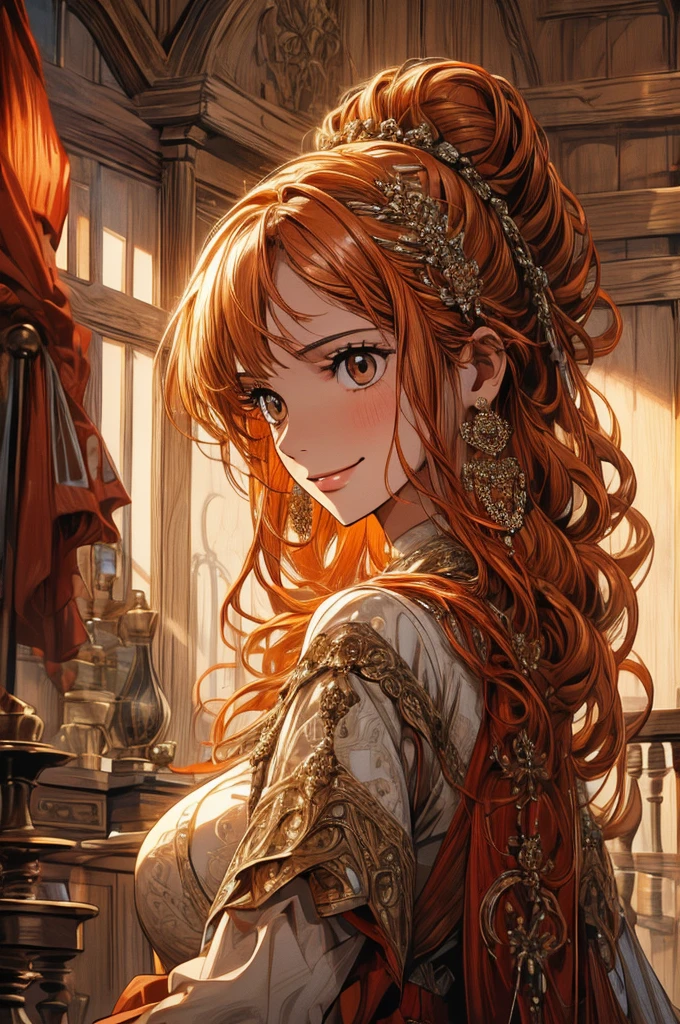masterpiece, ((ultra detailed background, delicate pattern, intricate detail)), (highly detailed, fine details), best quality, beautiful lighting, ((big breasts, slim girl)), NamiFinal, ((white shirt, red skirt)), simple shirt, 1girl, orange hair, solo, long hair, jewelry, brown eyes, smile, earrings, covered shoulders, (complex detailed background, inside, room environment, wooden walls, window, light rays),