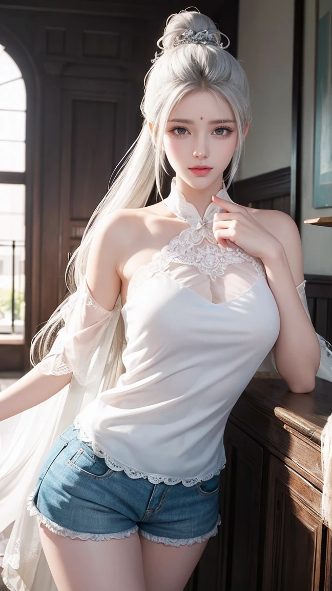 a white hair、Close-up of woman wearing white mask, Beautiful character painting, Guweiz, Gurwitz-style artwork, White-haired god, author：Yang Jie, Epic and beautiful character art, Stunning character art, author：Fan Qi, by Wuzhun Shifan, pixiv art street guweiz, Single ponytail, insult, High Ponytail, tall and big, Long legs, (Sleeveless lace shirt), (shorts), (Striped )), ((Striped )), Walk, elegant, dignified, woman, Beautiful curves, sweet smile, Strong sense of detail and layering, colour丰富绚丽, Has a unique texture, Colorful, colour, vivid, design art, 16K, Ultra Detailed, {{illustration}}, {Extremely refined}, {Exquisite surface treatment}, Ultra Detailed, Delicate and shining eyes, {{Movie Lighting}}, Extreme lighting effects, Model: Realism, CFG size: 12, Laura: Bright texture (1.35), high quality, masterpiece, Exquisite facial features, Delicate hair depiction, Detailed depiction of the eyes, masterpiece, best quality, Ray Tracing, Extremely detailed CG unified 8k wallpaper, masterpiece, best quality, (1 girl), Perfect woman figure, (((tight white t shirt))), beautiful eyes, (Delicate face), Black short hair, Tie your hair up, Light blue hairpin, Black Silk Frame Glasses, In class, (White skin), (Optimal lighting), (Super intricate details), 4k unity, (Ultra Detailed CG), Showing off her white legs, , Hot Pants, shorts,