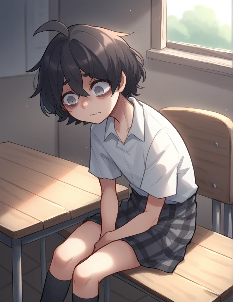 1 girl, alone, ppka, black fur, short hair, messy fur, Ahoge, parts, parts por todo el cuerpo, grey eyes, empty eyes, sad eyes, blind, very nervous, slight smile, White shirt, beige sweatshirt, plaid skirt, grey skirt, uneven socks, different socks sitting at her school table 