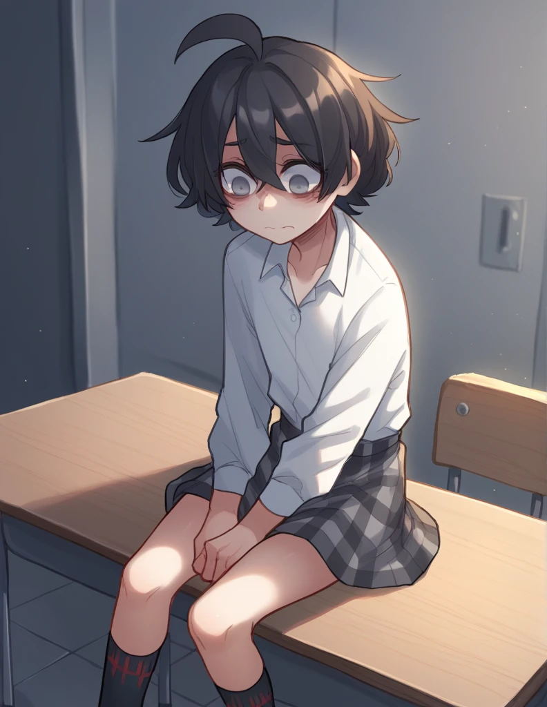 1 girl, alone, ppka, black fur, short hair, messy fur, Ahoge, parts, parts por todo el cuerpo, grey eyes, empty eyes, sad eyes, blind, very nervous, slight smile, White shirt, beige sweatshirt, plaid skirt, grey skirt, uneven socks, different socks sitting at her school table 