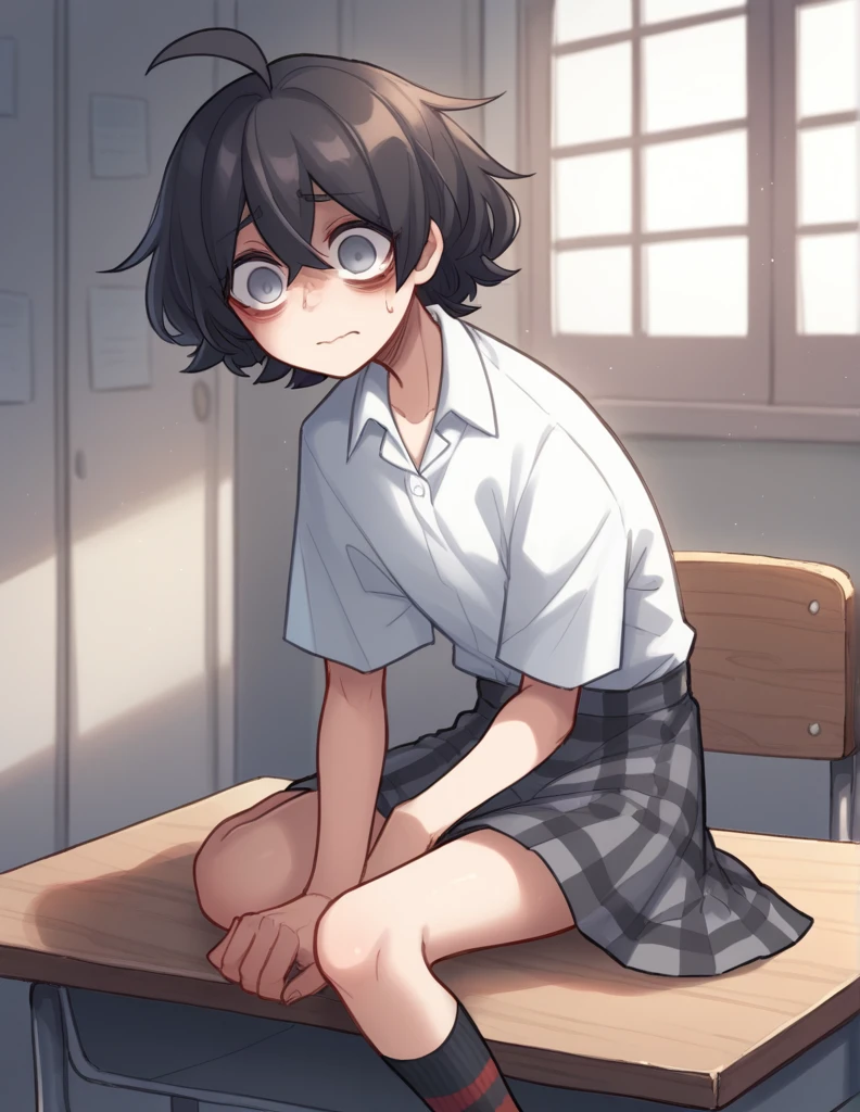 1 girl, alone, ppka, black fur, short hair, messy fur, Ahoge, parts, parts por todo el cuerpo, grey eyes, empty eyes, sad eyes, blind, very nervous, slight smile, White shirt, beige sweatshirt, plaid skirt, grey skirt, uneven socks, different socks sitting at her school table 