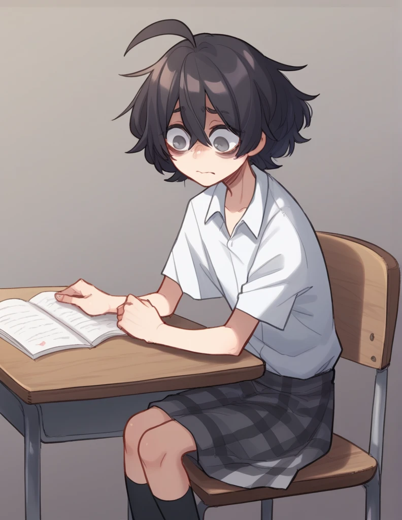 1 girl, alone, ppka, black fur, short hair, messy fur, Ahoge, parts, parts por todo el cuerpo, grey eyes, empty eyes, sad eyes, blind, very nervous, slight smile, White shirt, beige sweatshirt, plaid skirt, grey skirt, uneven socks, different socks sitting at her school table