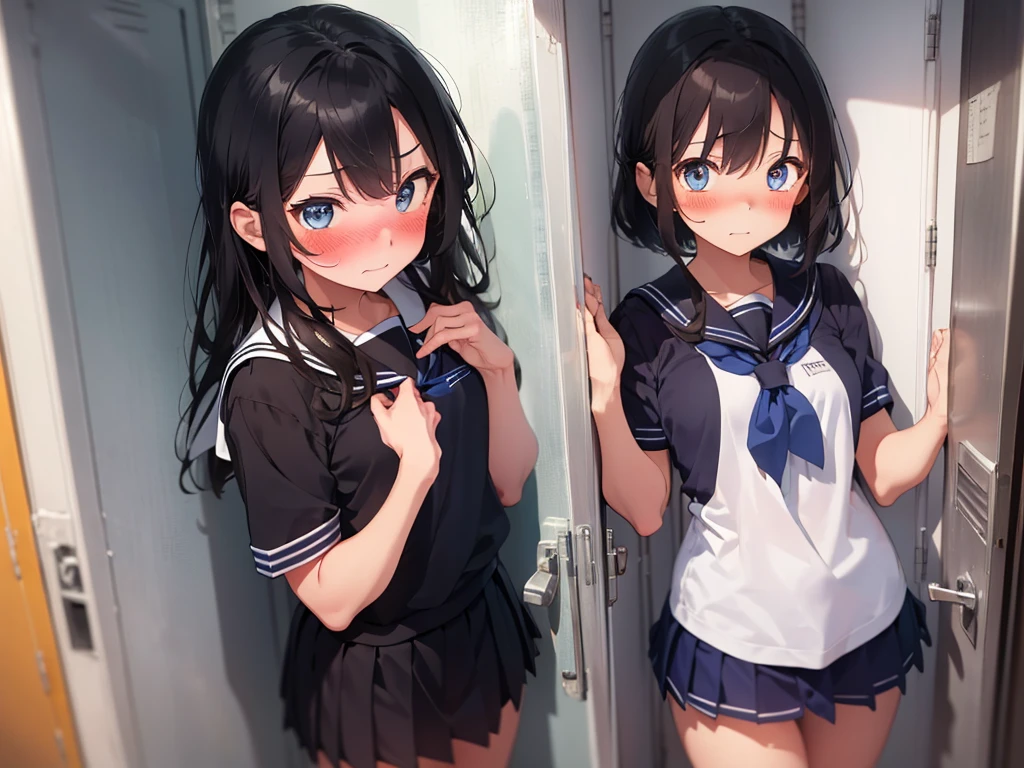 2 girls, shoved inside a locker, ((sailor uniform, short sleeve, tight clothing, miniskirt)), (blushing:1.5), (blushing, worried, teary eyes), perfect body, perfect face, perfecte eyes, beautiful eyes, detailed eyes, image taken from inside