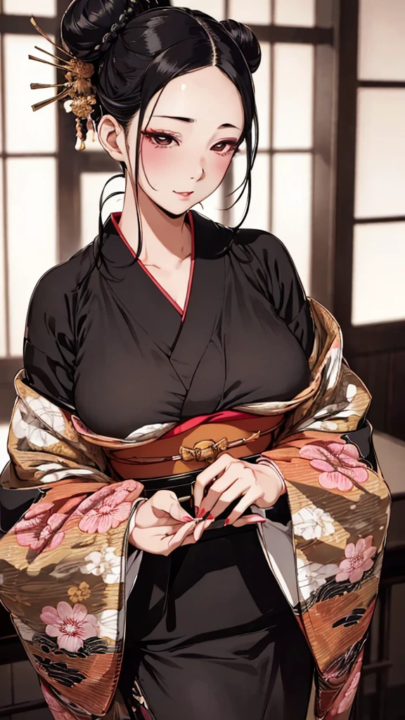 (best quality), (very aesthetic), (ultra-detailed), (best illustration),(realistic), 1 girl, 独奏, fine texture,black hair,single hair bun,Shiny hair,large breasts,eye makeup, Perfect Makeup, (random color kimono1.2),Japanese-style room