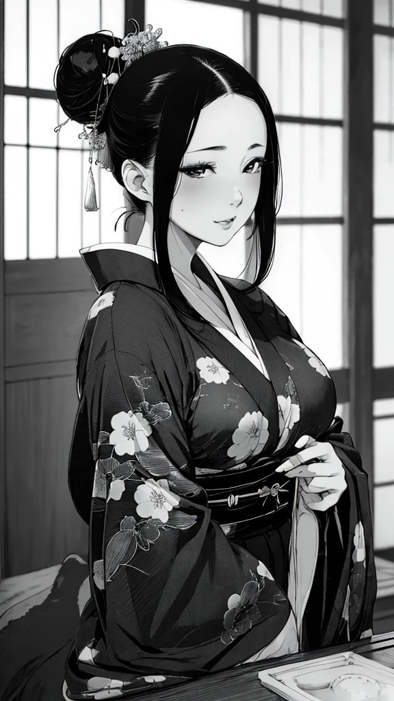 (best quality), (very aesthetic), (ultra-detailed), (best illustration),(realistic), 1 girl, 独奏, fine texture,black hair,single hair bun,Shiny hair,large breasts,eye makeup, Perfect Makeup, (random color kimono1.2),Japanese-style room