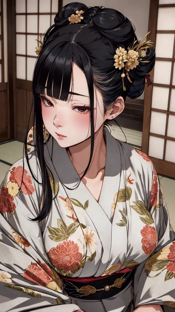 (best quality), (very aesthetic), (ultra-detailed), (best illustration),(realistic), 1 girl, 独奏, fine texture,black hair,single hair bun,Shiny hair,large breasts,eye makeup, Perfect Makeup, (random color kimono1.2),Japanese-style room