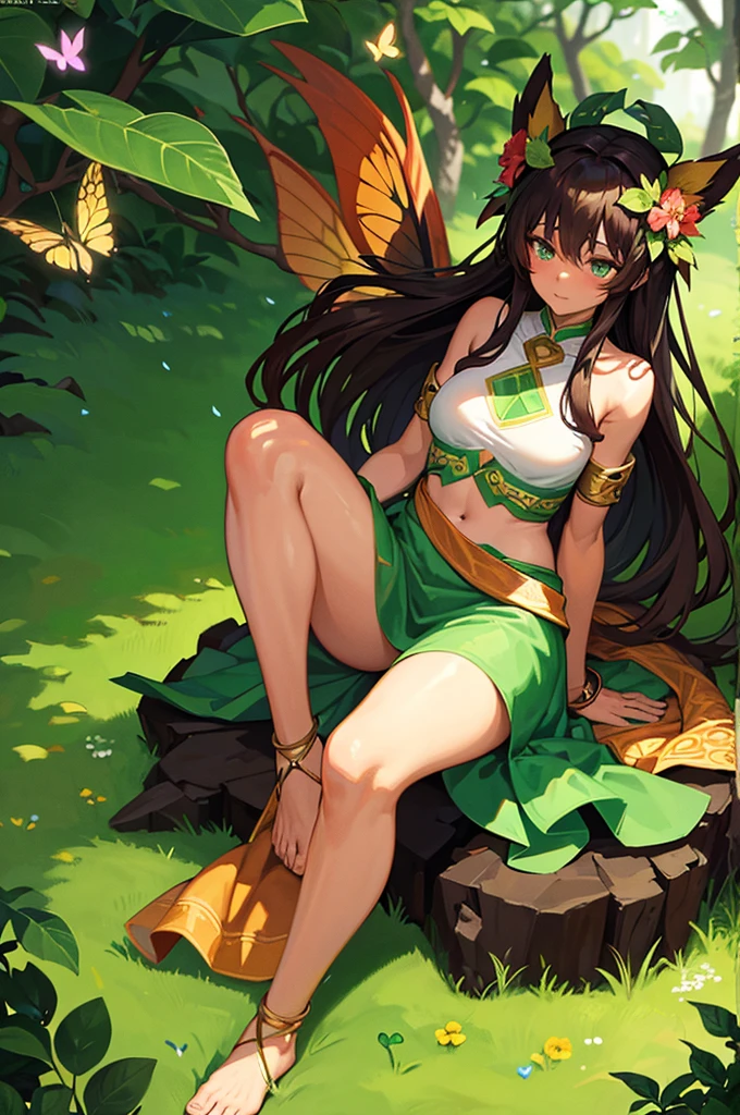 Adult, one female, Long black hair with green line in the middle, white shirt with Rank on the shoulder , short green skirt with gold trim, holding fan While sitting in the Desert, Slanted eyes, Glare, masterpiece, variation style, white stocking