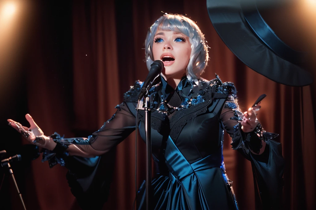 A young woman in black dress singing on stage with microphone, Furina (Genshin Impact), short bob cut silver hair, blue eyes, 1girl, She's wearing a blue cylindrical hat, three point lighting, singer in the voice show, performing, diva, (ultra-high detail:1.2), Masterpiece, Best Quality, Ultra-detailed, Cinematic lighting, 8K, delicate features, cinematic, 35 mm lens, f/1.9, highlight lighting, global lighting –uplight –v 4, cinematic, Cinematic lighting, 8K, high quality, Highest Quality, (Solo Focus), (extremly intricate:1.3), (Realistic), dramatic, masterful, Analog style, (Film grain:1.5), (warm hue, cold tone)