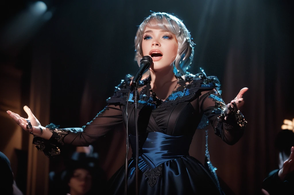 A young woman in black dress singing on stage with microphone, Furina (Genshin Impact), short bob cut silver hair, blue eyes, 1girl, She's wearing a blue cylindrical hat, three point lighting, singer in the voice show, performing, diva, (ultra-high detail:1.2), Masterpiece, Best Quality, Ultra-detailed, Cinematic lighting, 8K, delicate features, cinematic, 35 mm lens, f/1.9, highlight lighting, global lighting –uplight –v 4, cinematic, Cinematic lighting, 8K, high quality, Highest Quality, (Solo Focus), (extremly intricate:1.3), (Realistic), dramatic, masterful, Analog style, (Film grain:1.5), (warm hue, cold tone)