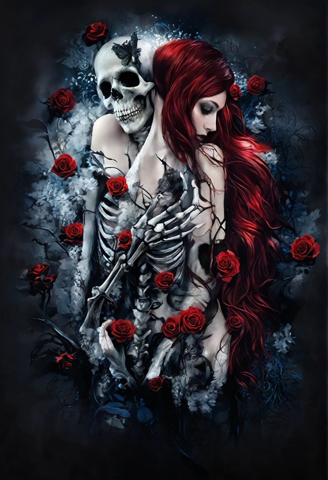 there is a woman with red hair and a skeleton , gothic art, gothic fantasy art, love and death, gothic romance, beautiful digital artwork, fantasy dark art, dark but detailed digital art, nude