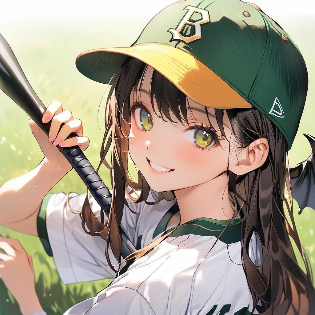 Holding the bat, girl, , smile, , Baseball uniform、Yellow-green hat、Background School grounds