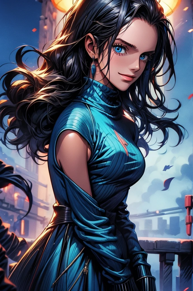 masterpiece, best quality, highres, nico robin, long hair, black hair, hair slicked back, eyewear on head, blue eyes, sweater dress, turtleneck, smile, sleeveless, outdoors, standing, night