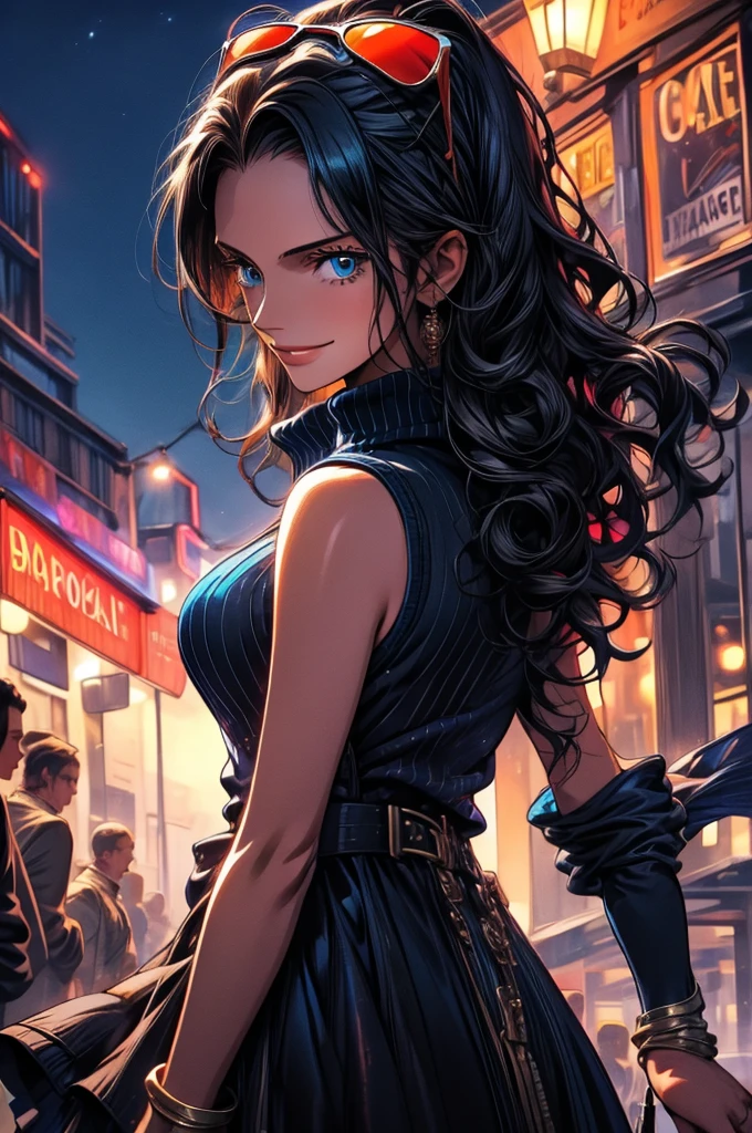 masterpiece, best quality, highres, nico robin, long hair, black hair, hair slicked back, eyewear on head, blue eyes, sweater dress, turtleneck, smile, sleeveless, outdoors, standing, night