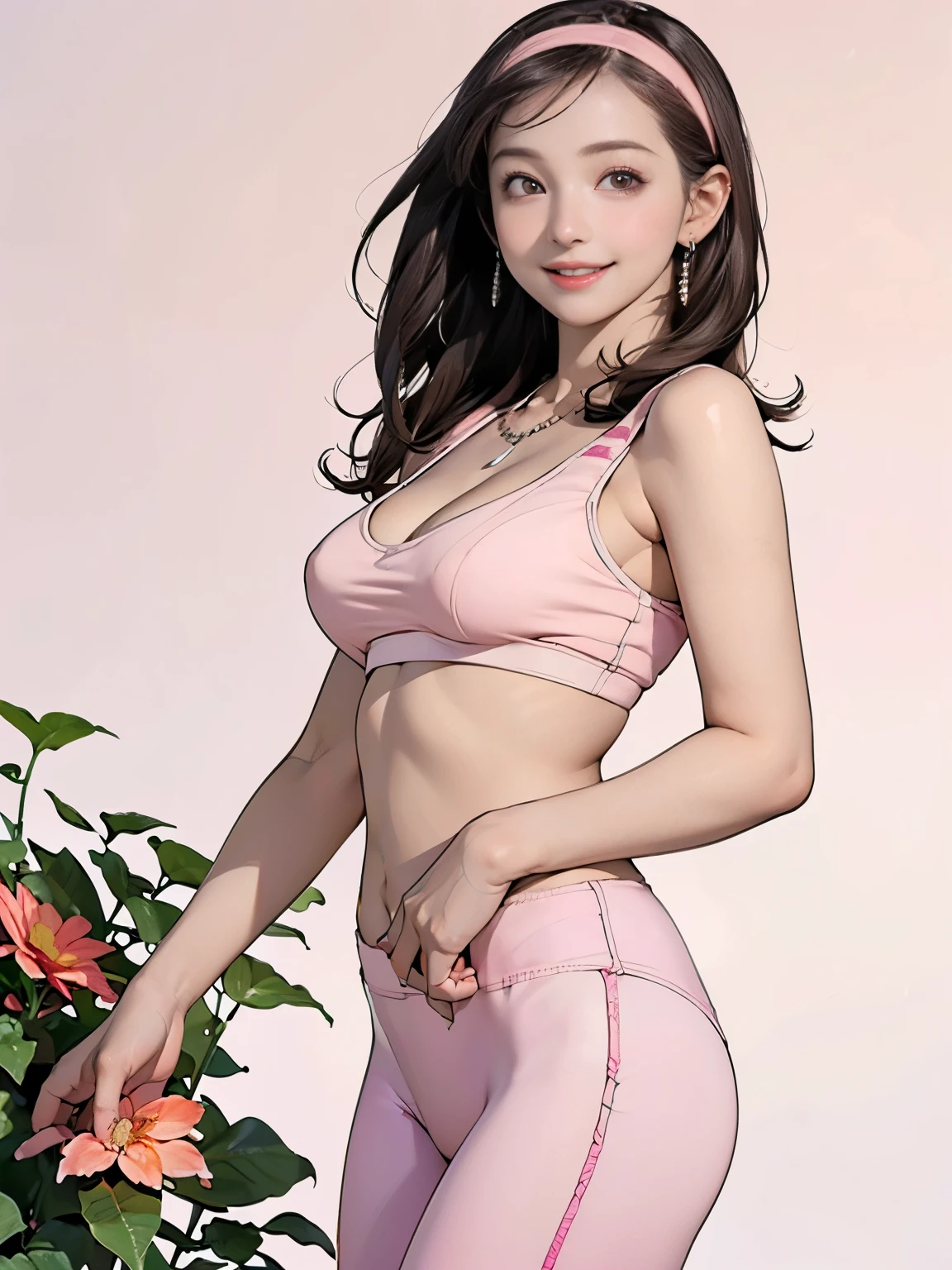 ((((Highest quality))))、(((Ultra-precision CG16K wallpaper)))、(((masterpiece)))、(((Super detailed)))、(((Extreme detail)))、((1Mature 29 year old woman:1.6))、((Very beautiful Japan face of a person))、((Urizane Face:1.8))、((Medium Straight Hair:1.8))、(Shiny Hair)、A delicately drawn beautiful face、Dark Eyes、double eyelid、High nose、Small nostrils、Small Mouth、Seductive lips、Beautiful breasts、((C cup size breasts))、Cleavage、Small belly button、Beautiful feet、Thin thighs、eight-headed body、Perfect proportions、Perfect Anatomy、Perfect composition、Beautiful detailed shading、Beautiful, natural lighting、Beautiful detail glow、Depth of written boundary、(((High chroma)))、(((Real:1.9)))、((vivid:1.5))、((Beautiful Skin))、((Skin Texture))、((Realな皮膚感))、(((Cowboy Shot:1.6)))、(((front view、shoot from front、front low angle:1.6)))、(((smile:1.6)))、((looking at viewer:1.6))、Bright daylight、Natural light、(((Flower Garden:1.5)))、(Standing pose:1.6)、(((Light pink sports bra&Low rise yoga pants:1.6)))、((hair band、necklace、Wearing earrings:1.5))、((Lace Stockings Clothed:1.3))、