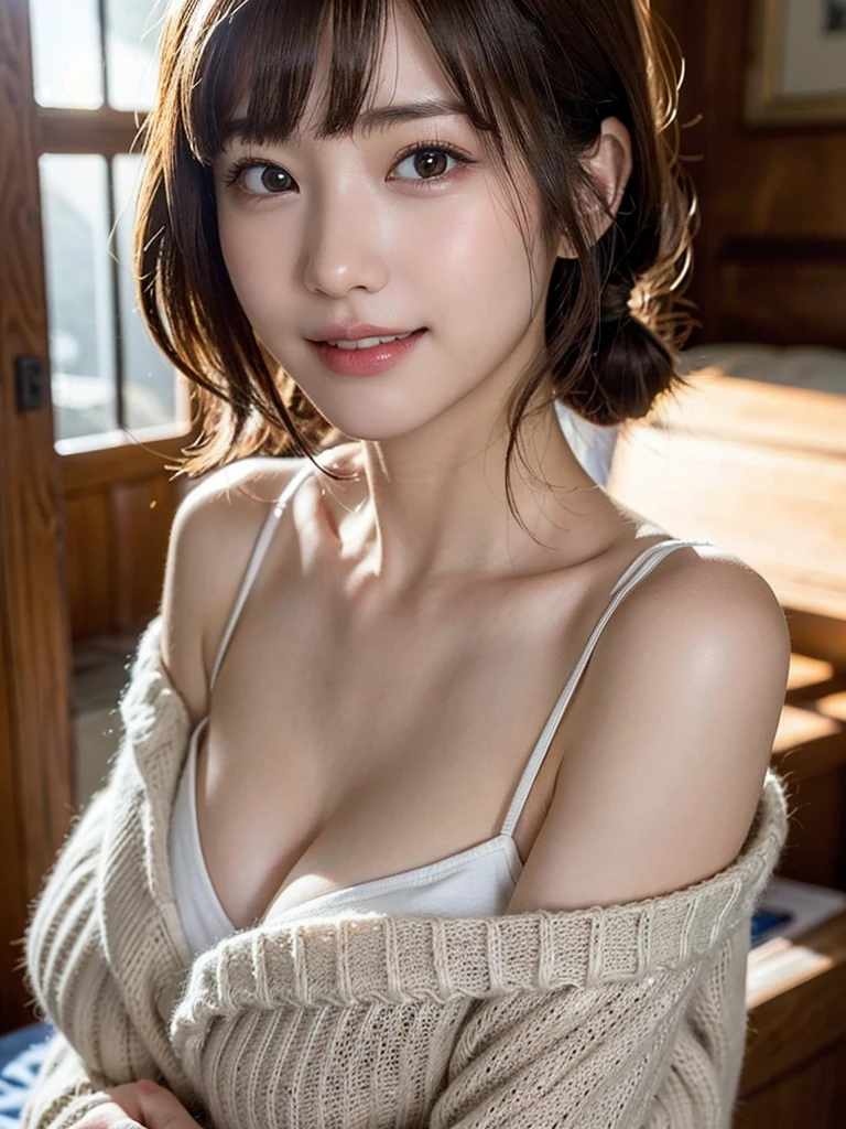 (masterpiece:1.3), (8K, Photorealistic, Raw photo, Best image quality: 1.4), Japanese schoolgirl、(Random Hairstyles:1.2)、Cleavage:1.2、Super detailed face、Attention to detail、double eyelid、Put your chest together、Sharp focus:1.2、Beautiful woman:1.4、Light brown hair、Highest quality、masterpiece、Ultra-high resolution、(Photorealistic:1.4)、Highly detailed and professionally lit smile、Loose, lightweight knitwear、Shoulder out、thin、Serious expression、Short-haired、Deadly position