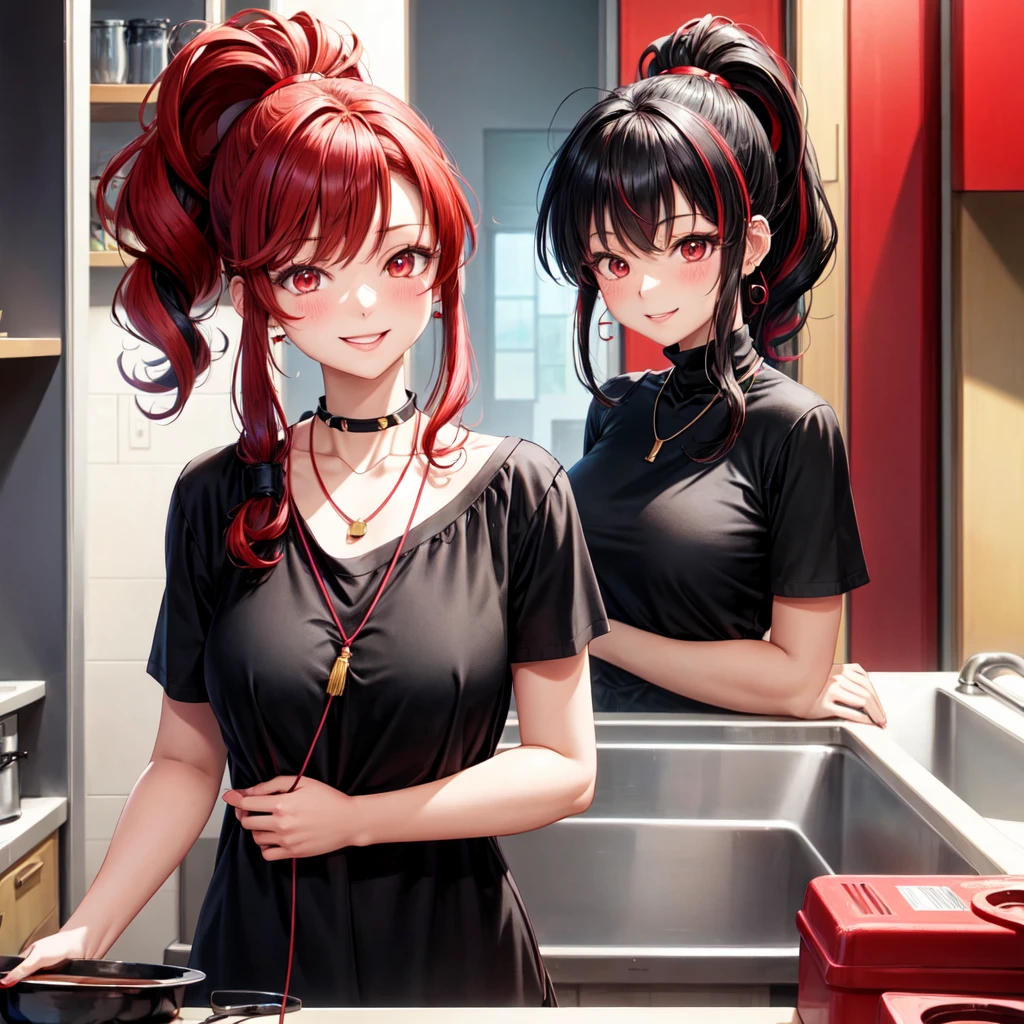 anime panel,upper body, 1girl,solo Korean, black curly hair, with red highlights, ponytail, red slanted eyes, casual clothes,black high neck blouse, necklace, ear piercings, kitchen background , smiling , blushing, looking at the viewer