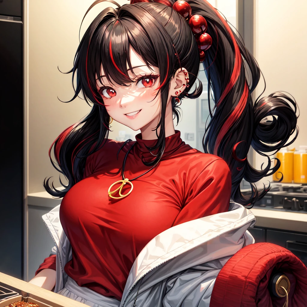 anime panel,upper body, 1girl,solo Korean, black curly hair, with red highlights, ponytail, red slanted eyes, casual clothes,black high neck blouse, necklace, ear piercings, kitchen background , smiling , blushing, looking at the viewer