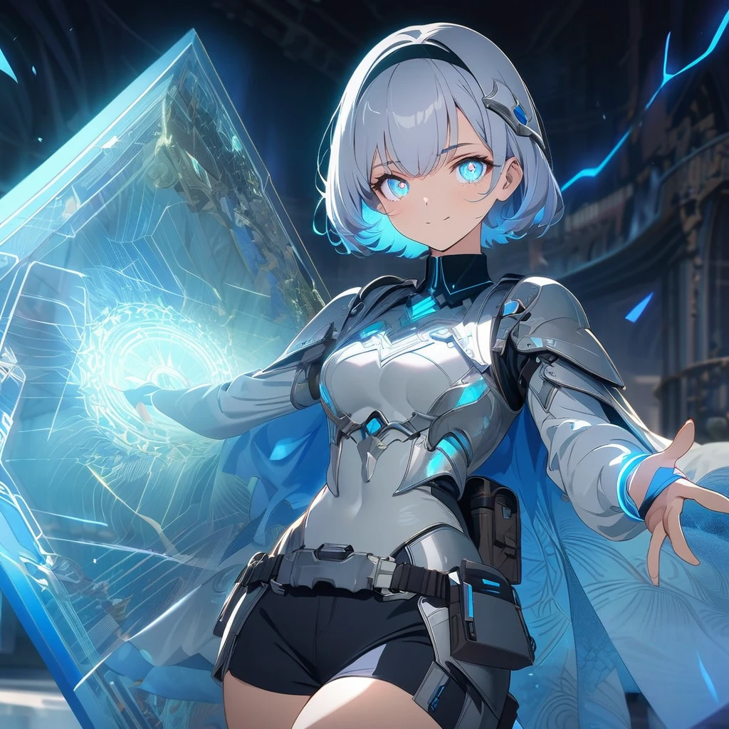 Create an image of a gentle girl with short, silvery-blue hair, wearing a fitted, high-collared, long-sleeve bodysuit with intricate, glowing blue patterns, a lightweight armored vest, and tapered combat pants with glowing seams. She has fingerless gloves with small screens, thin metallic bracelets, high armored boots with integrated lights, and a slim headband with a holographic visor. She also has a small streamlined backpack, a utility belt with pouches, and a short asymmetrical energy-infused cape. She has a kind expression, soft warm eyes, and a gentle smile, generating a large, translucent energy shield with intricate, glowing patterns. She stands in a strong yet relaxed pose, with one hand outstretched directing the shield and the other hand resting by her side, against a dark, dramatic background with hints of blue light and energy waves, detailed gorgeous face| anime style| key visual| intricate detail| highly detailed| breathtaking| vibrant| panoramic| cinematic| Carne Griffiths| Conrad Roset| gibbli 8