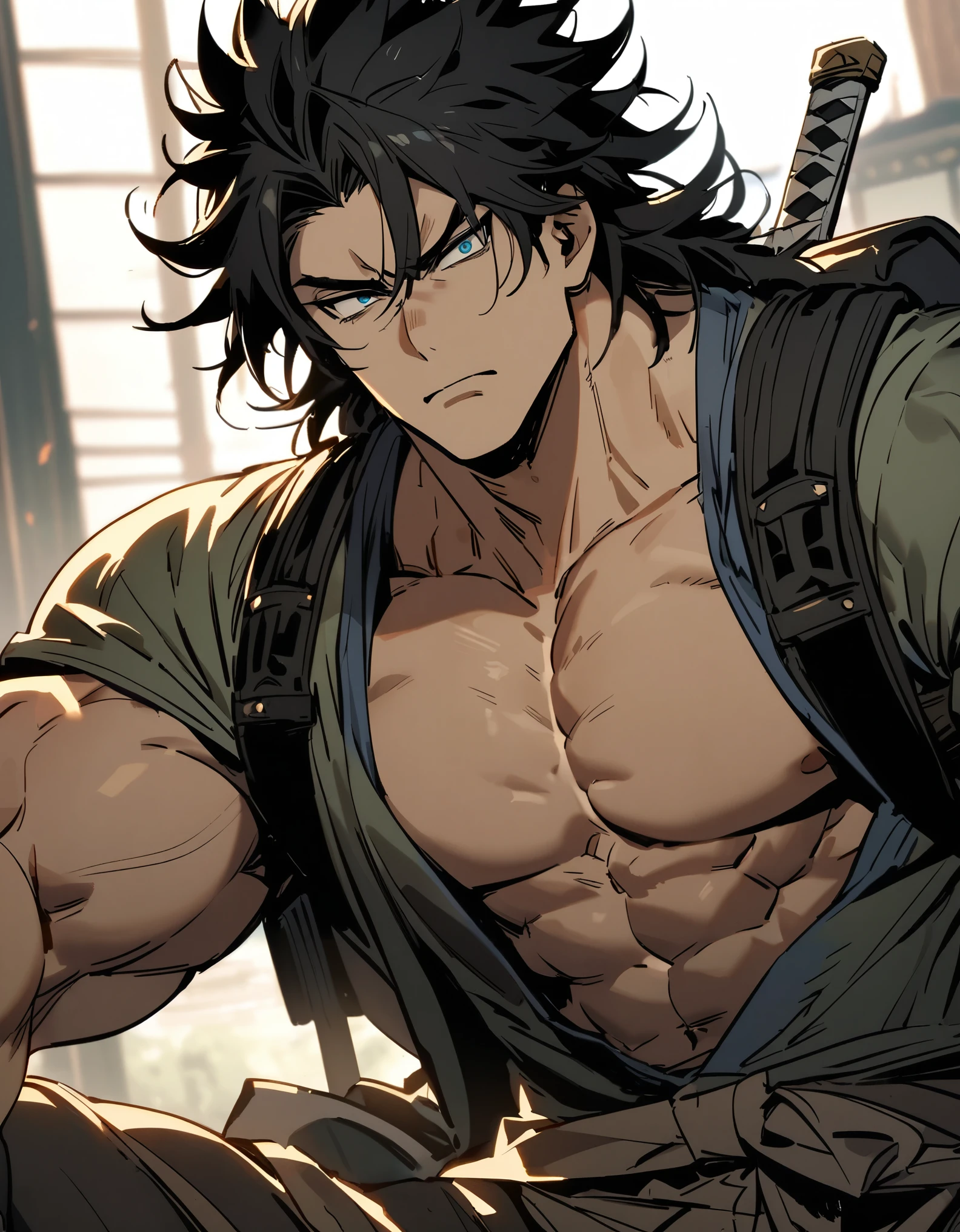 A role-playing character with a backpack and sword on his back messy hair Japanese eyes arrogant strong physique with a king's skull on his face