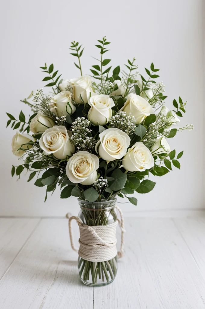 Botanical one roses flower with baby breath bouquet, tied together using fine rope, with pop up shiny new steel spoon and fork against a full white background.