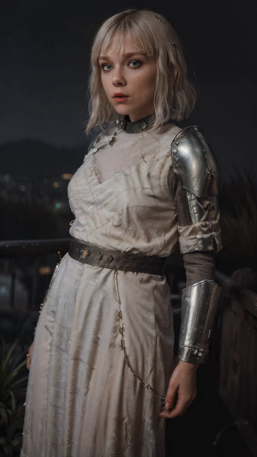 masterpiece, Best quality, (epiCRealLIfe), (photorealistic1.4), (young woman), (m1ll13bb), (European Model), (shtyocta), (ShinHati_XL costume) (flash photography), (flashphoto), (cowboy shots), (star wars Theme), (white hair with bangs),   (at night), (night view), (spotlight), (from front), (outdoor)