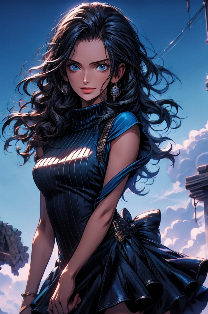 masterpiece, best quality, highres, nico robin, long hair, black hair, hair slicked back, eyewear on head, blue eyes, sweater dress, turtleneck, smile, sleeveless, outdoors, standing, night