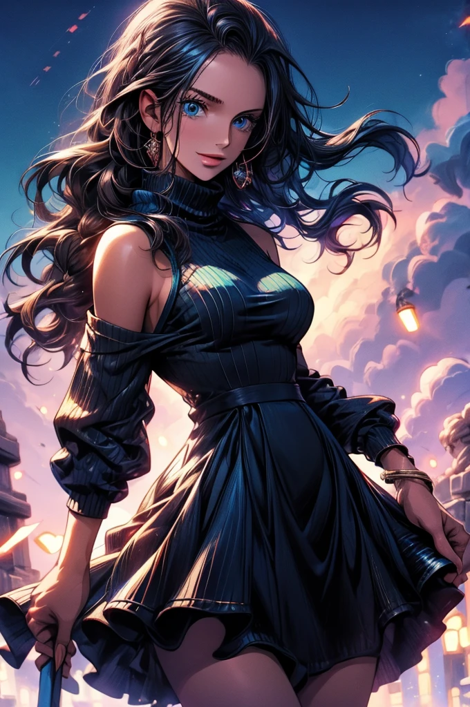 masterpiece, best quality, highres, nico robin, long hair, black hair, hair slicked back, eyewear on head, blue eyes, sweater dress, turtleneck, smile, sleeveless, outdoors, standing, night